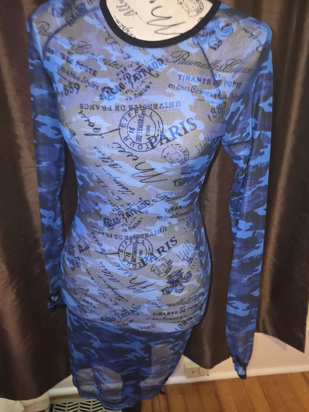 Current Mood Sheer  Mesh Blue Camouflage Print Long Sleeve Women’s Dress Small